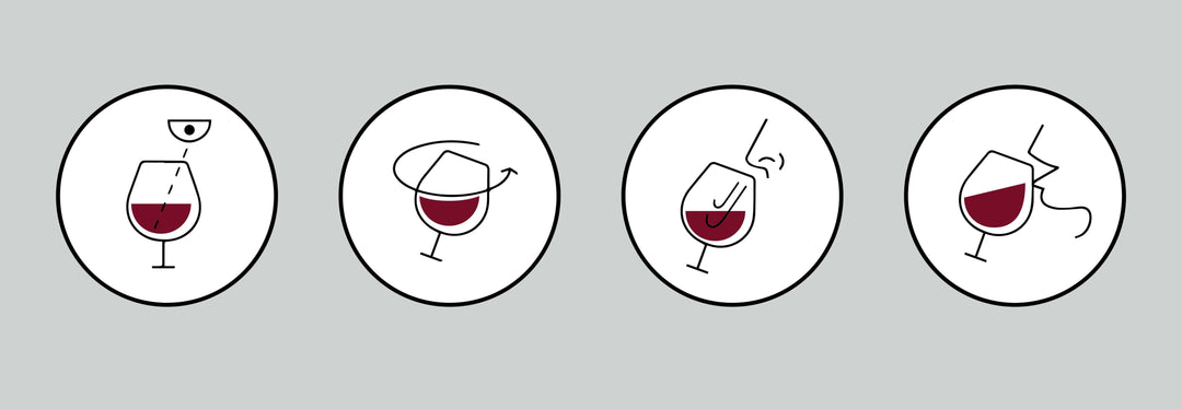 Et billeder med 4 ikoner der viser hvordan man smager på vin